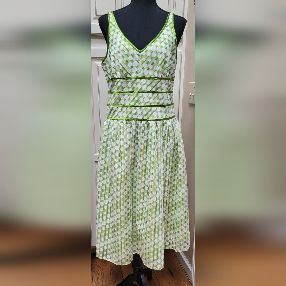 Robbie Bee Green Yellow Stripe Dress with Silk Green Trim